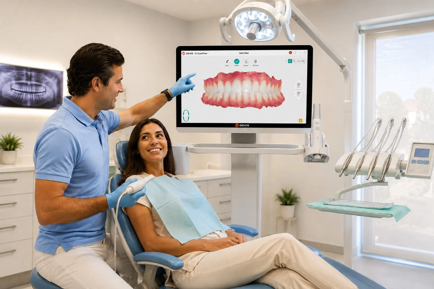 Tratamento de dentes no próprio dia na Lusocare — scan 3D mostrado à paciente