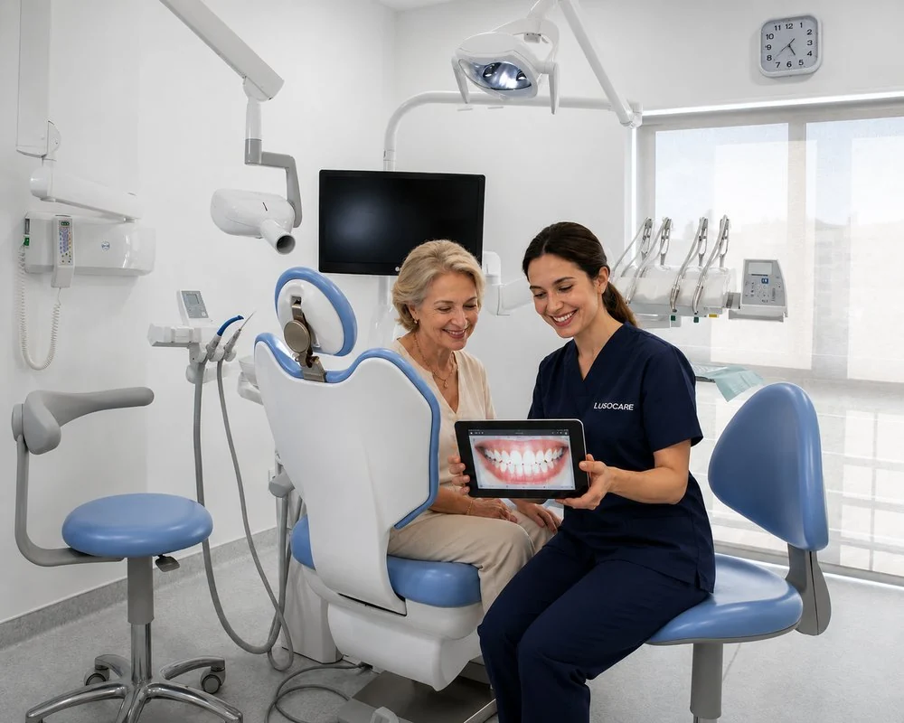 Higienista Lusocare a mostrar o plano digital à paciente na cadeira