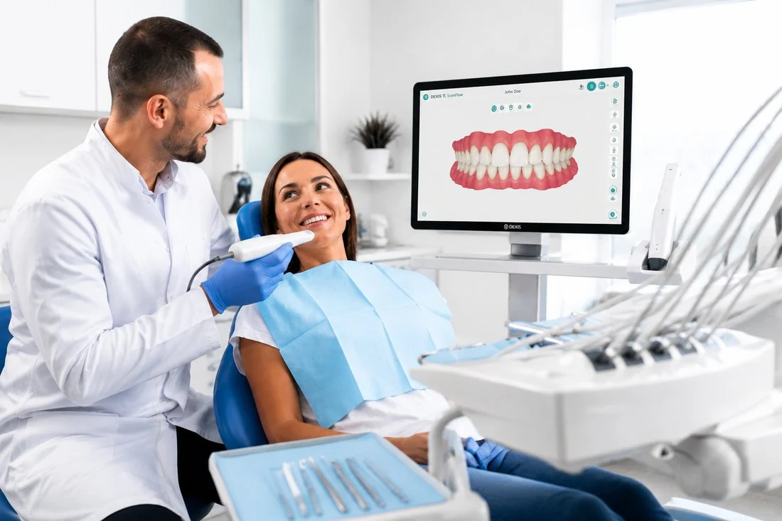 Imagiologia 3D em consultório — scan intraoral com visualização da arcada