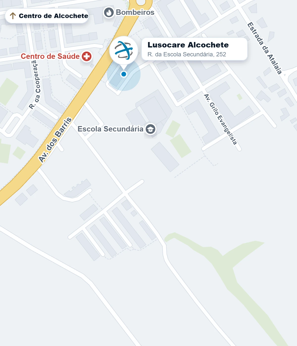 Mapa: a Lusocare Alcochete fica na Rua da Escola Secundária, 252, junto à Escola Secundária de Alcochete