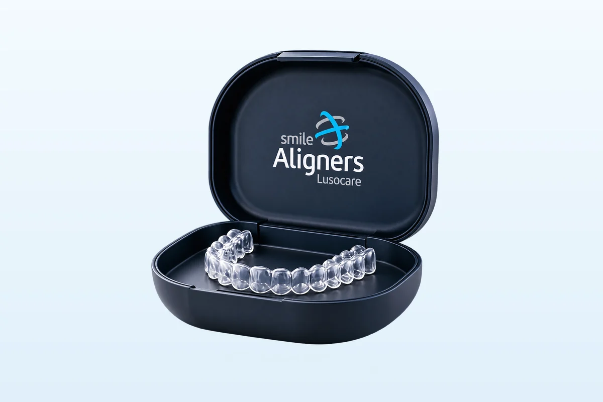 Estojo Smile Aligners Lusocare aberto, com o alinhador transparente