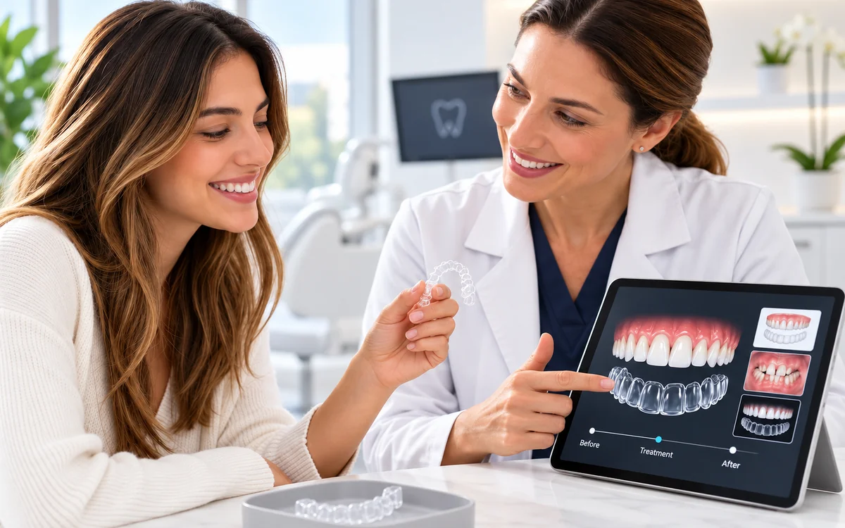 Médica dentista a explicar o plano de movimento dentário num tablet, em consulta