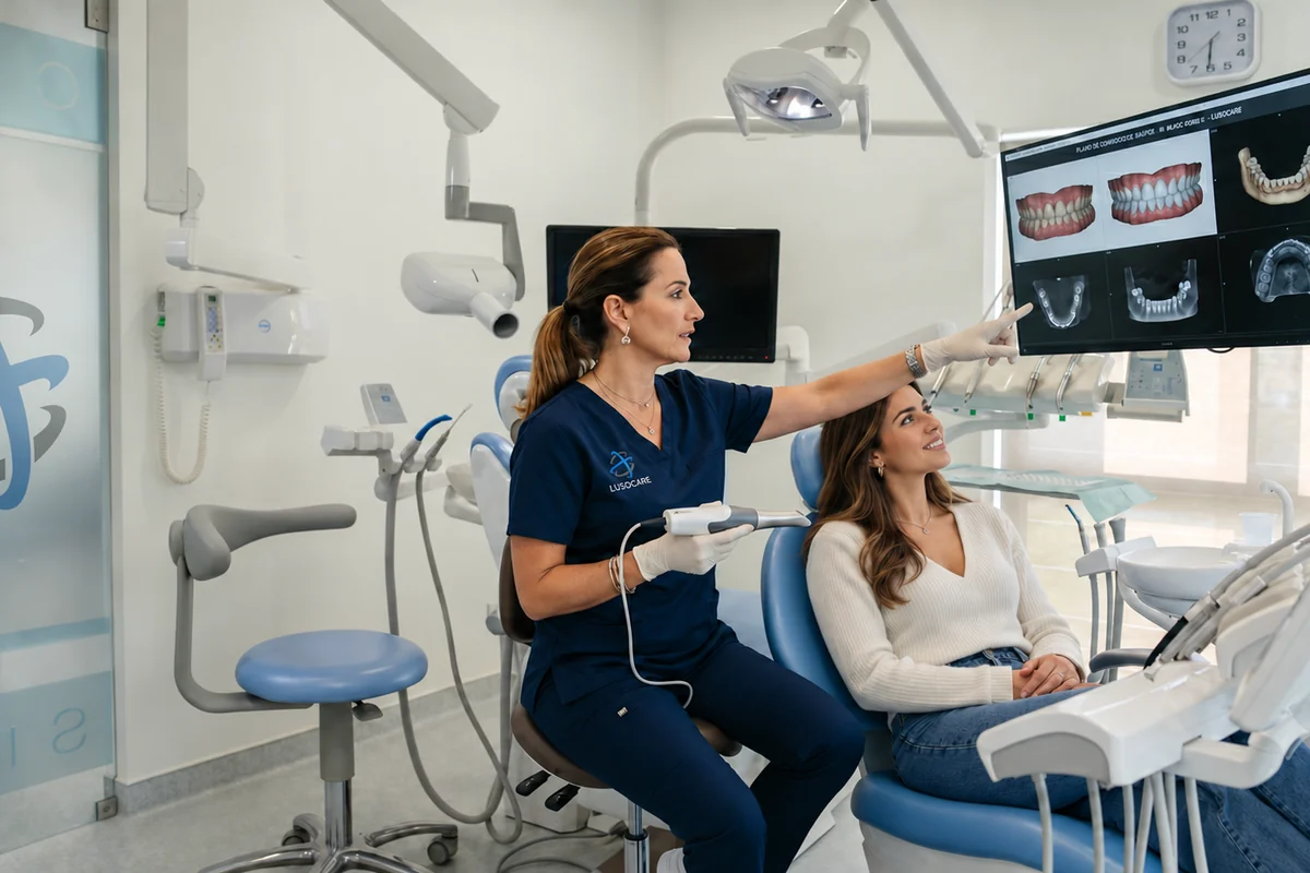 Registo digital com scanner intraoral e plano de movimento dentário no ecrã do gabinete