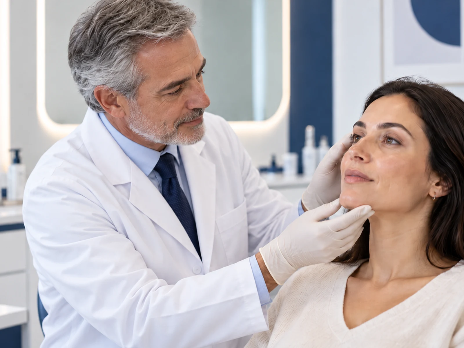 Médico a observar a pele do rosto de uma paciente em consulta de dermatologia
